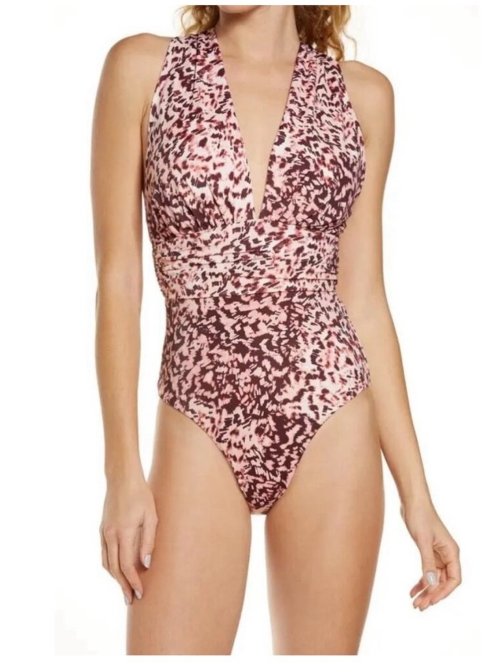 NWOT Chelsea28 Pink and Brown Animal Print V-Neck One-Piece Swimsuit